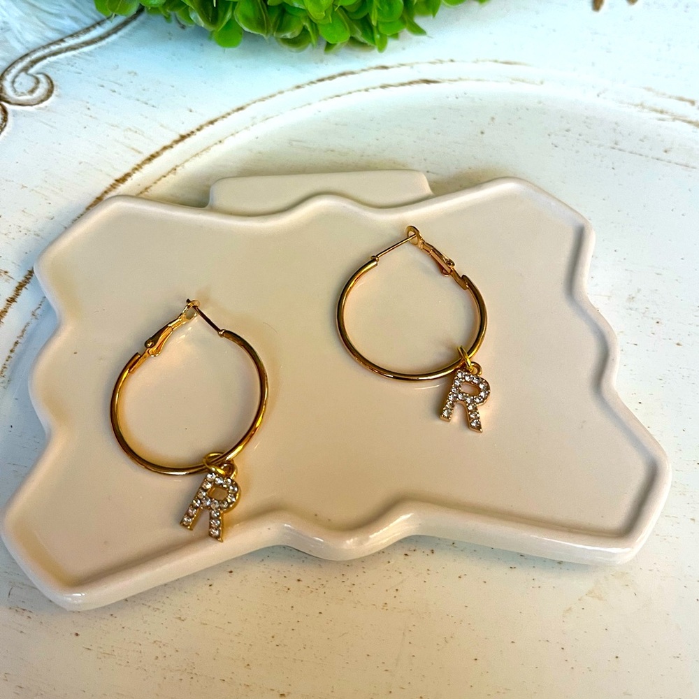 Gold Hoop Earrings with Initial R Charm